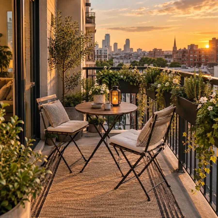 A small balcony furnished with a bistro set and plants