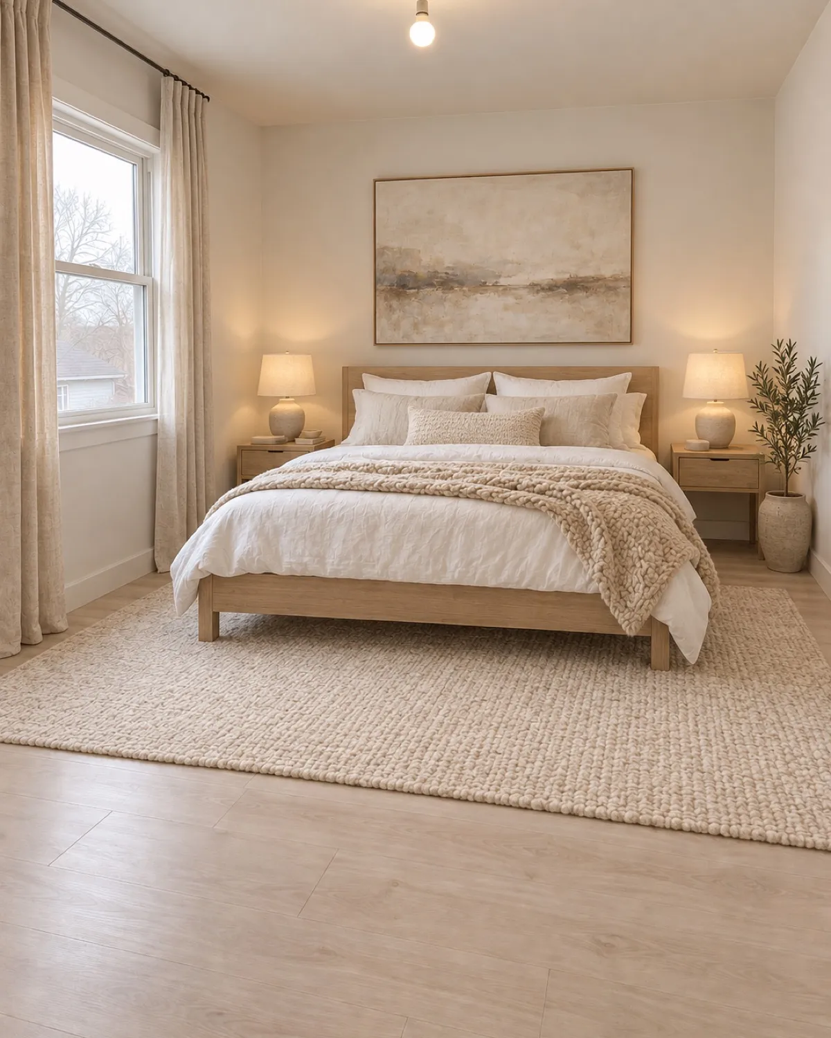 The same bedroom redesigned with a light wood bed, layered bedding and warm lamps