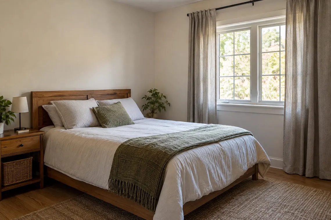 A serene bedroom with a light wood bed, layered neutral bedding and a chunky knit throw