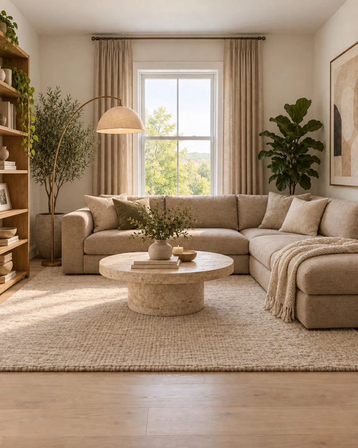 The same room virtually staged with a beige sectional, stone coffee table and plants