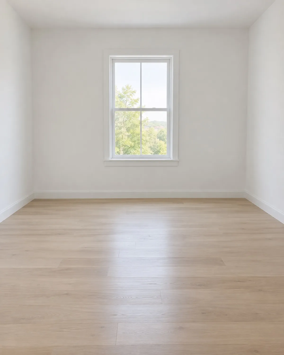 An empty white room with a single window and pale floorboards