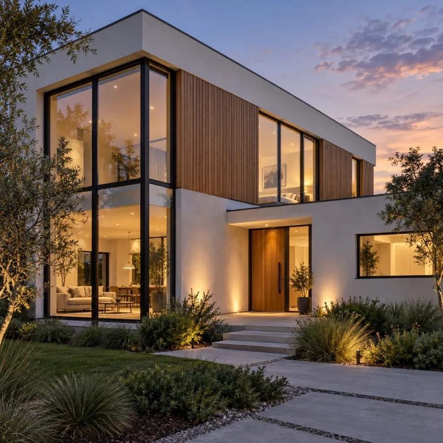 A modern house exterior with landscaping