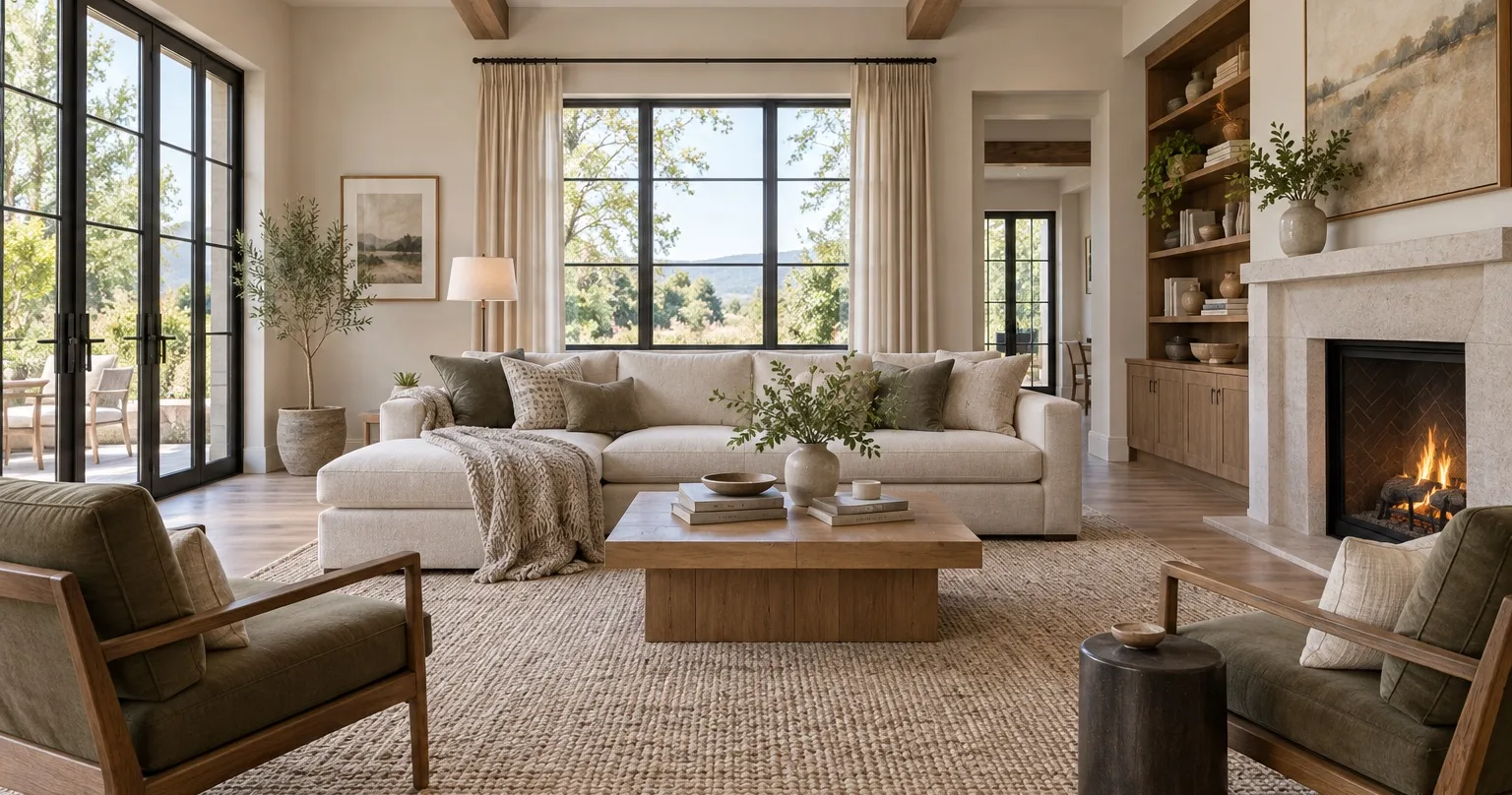A restyled living room with the original windows and wall layout intact