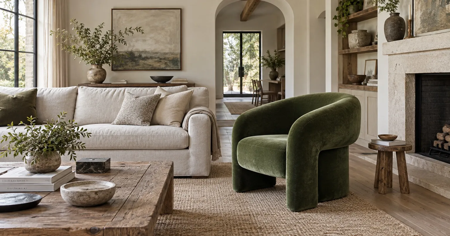 A calm living room where one green velvet armchair stands out as new
