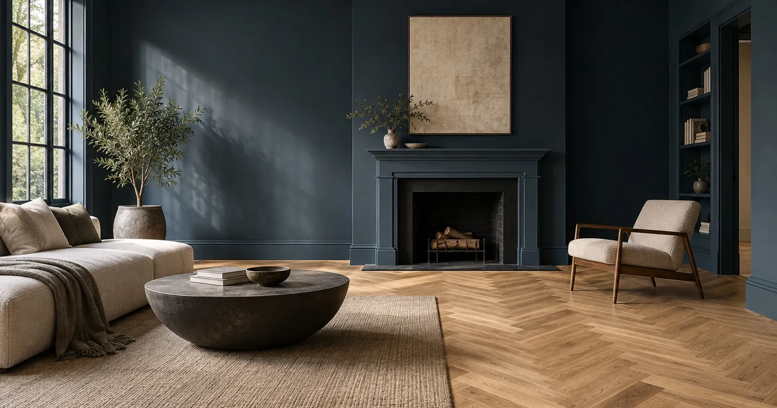 A living room with a deep painted wall meeting a herringbone oak floor
