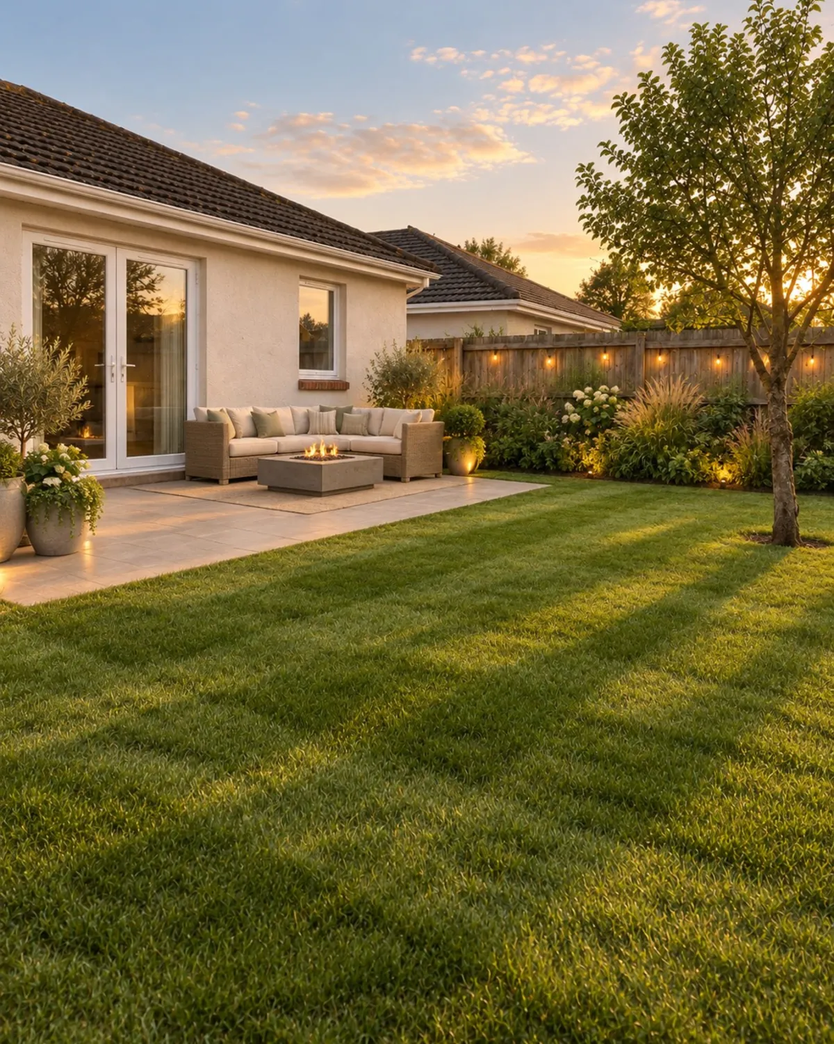 The same garden with a stone terrace, outdoor sofa, fire table, planting and lights at dusk
