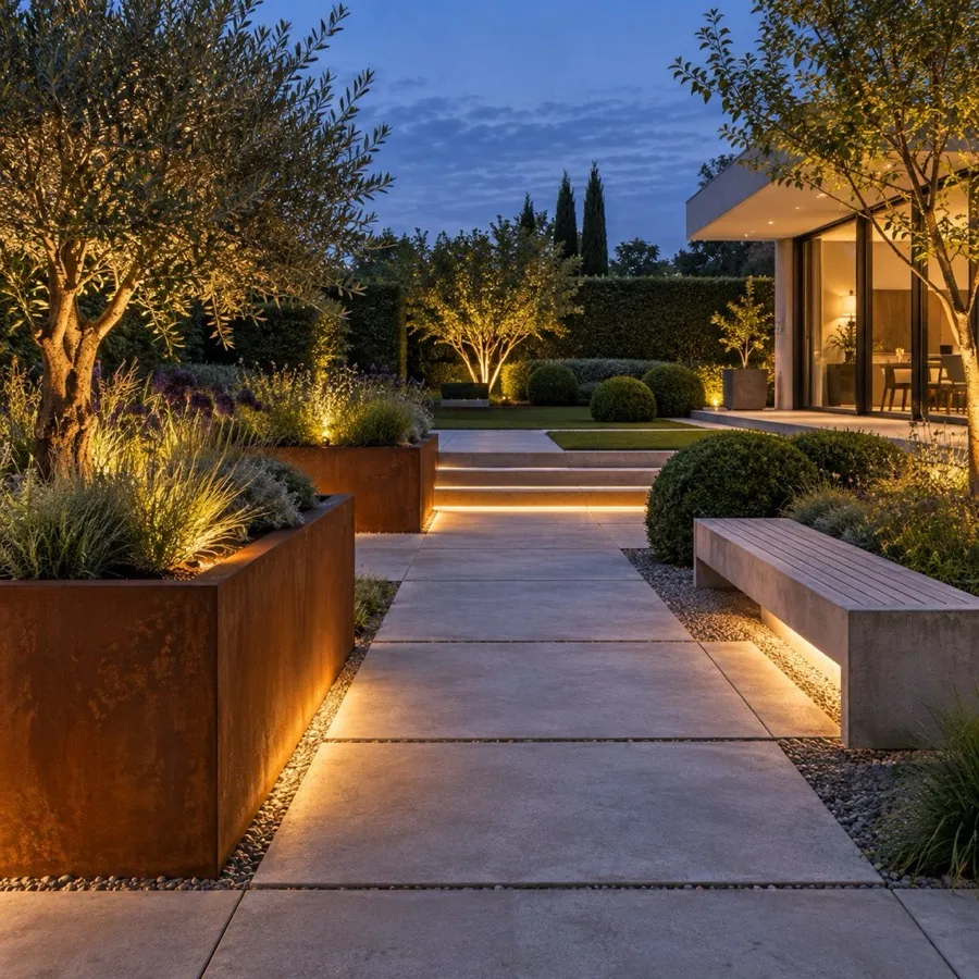A modern garden with clean paving and structured planting