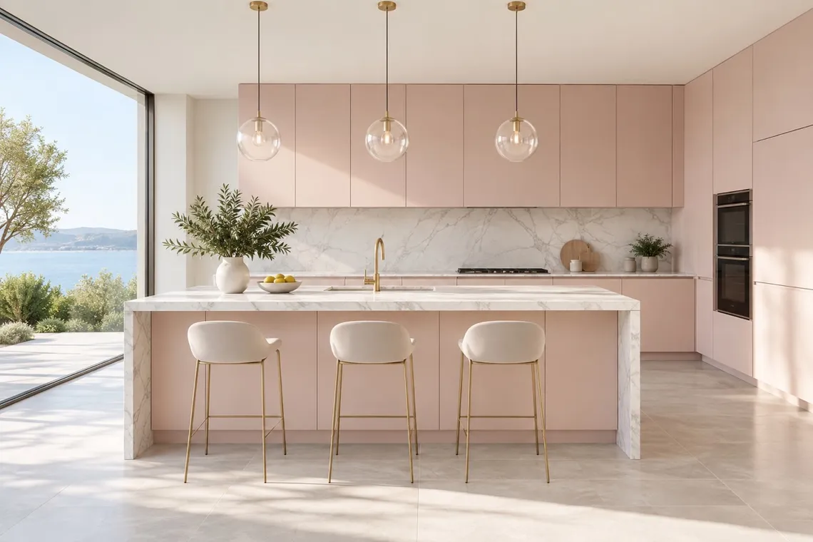 A minimal kitchen with handleless pale cabinets and a wood-block worktop