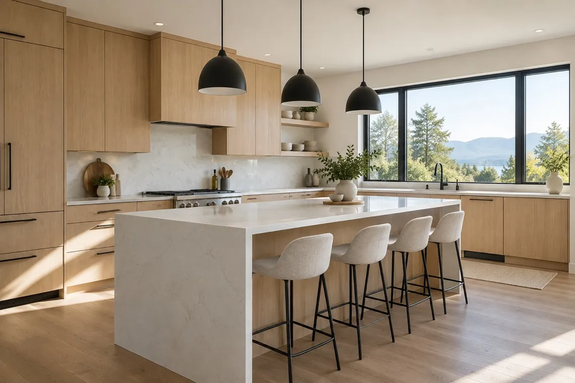 A modern kitchen with flat-front cabinets, a stone island and warm pendant lighting