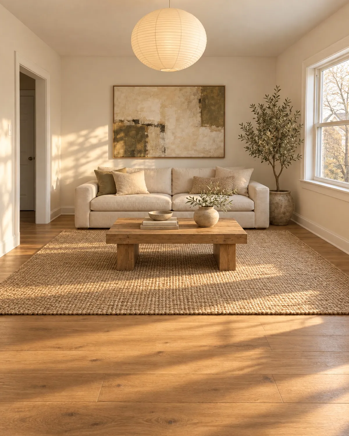 The same living room redesigned by Room AI: cream linen sofa, jute rug, olive tree and a paper lantern in warm light