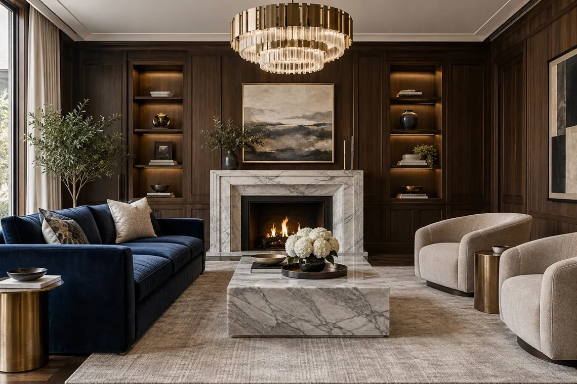 A polished living room with a curved sofa, stone table and layered lighting