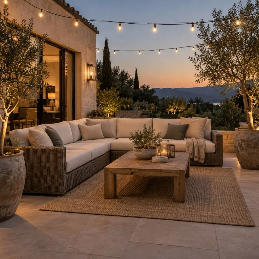 A stone patio with outdoor lounge seating, planting and warm evening light