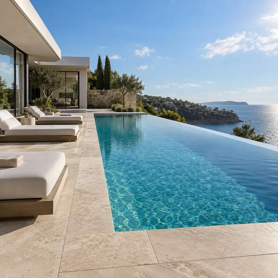 A modern pool terrace with loungers and planting