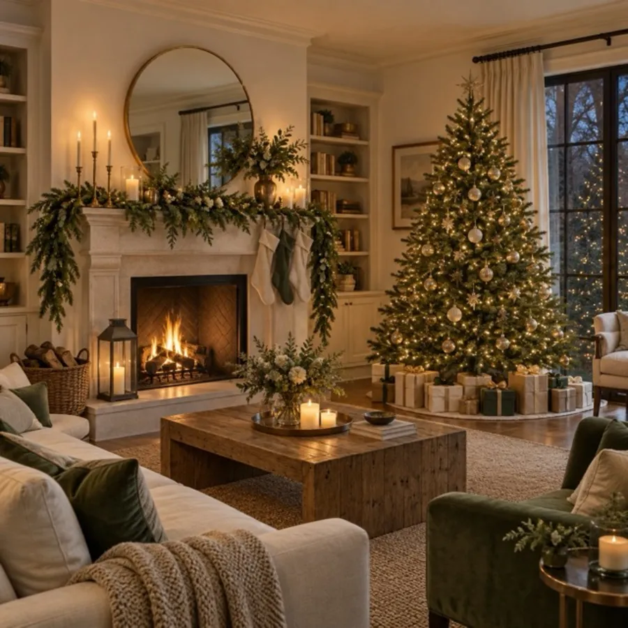 A living room decorated for Christmas with a lit tree, garlanded mantel and candles