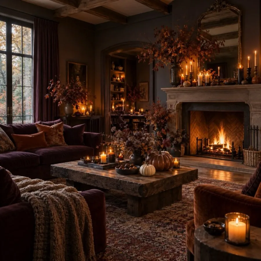 A living room decorated for Halloween with pumpkins, candlelight and dark textiles