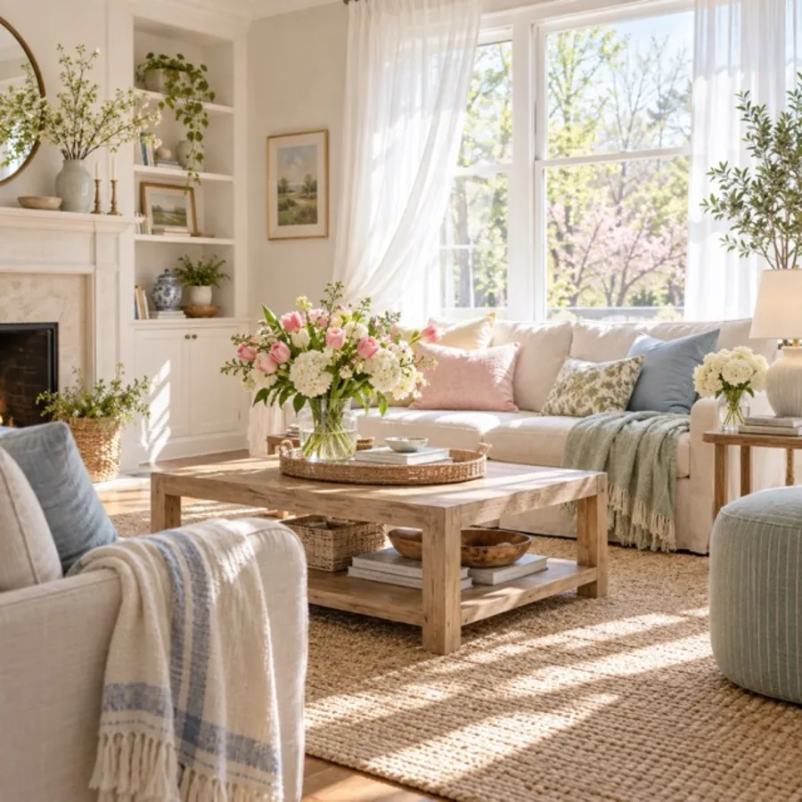 A living room refreshed for spring with fresh flowers, pale blue textiles and sheer curtains