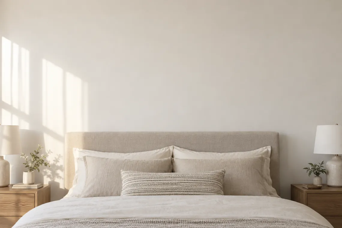 A blank wall above a bed, ready for bedroom wall decor