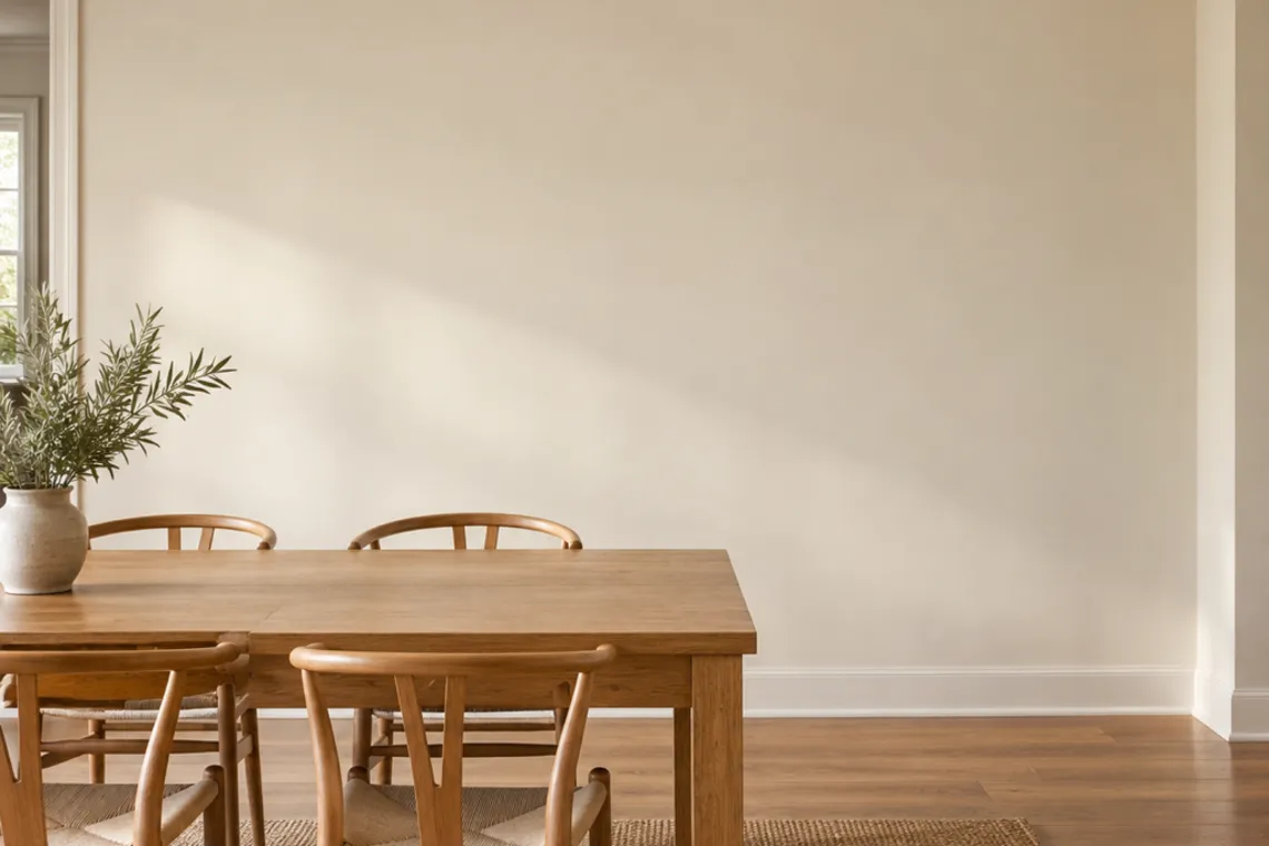 A blank dining room wall behind a table, ready for wall art or a mirror