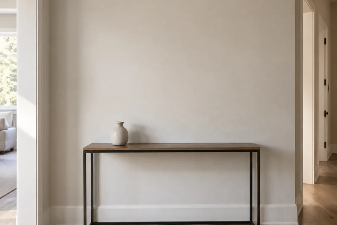 A long blank hallway wall, ready for a mirror or a run of prints