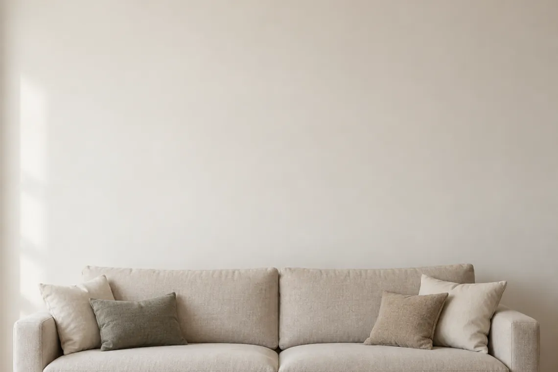 A blank cream wall above a pale linen sofa, waiting for wall decor